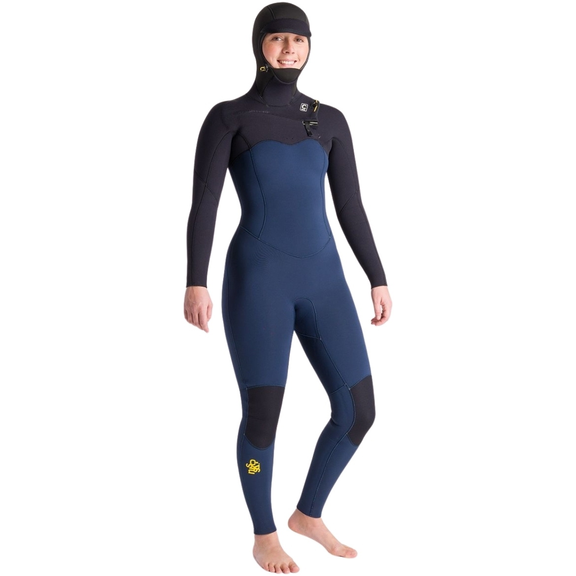 2025 C-Skins Womens NuWave Solace 5/4/3mm Chest Zip Hooded Wetsuit C-NSO54WH - Bluestone / Sort X/ Saffron